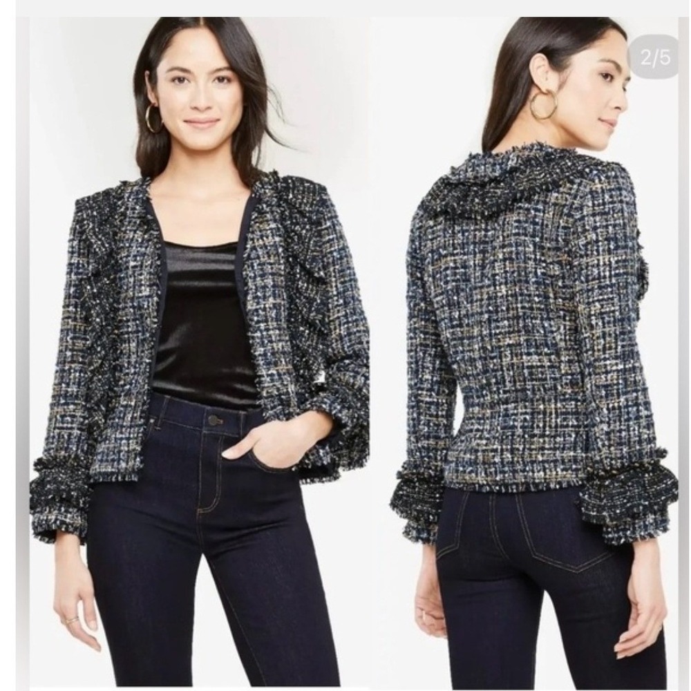 Ann Taylor Tweed Ruffle Jacket Womens‎ 6 Blue Multi Fringe Open Front